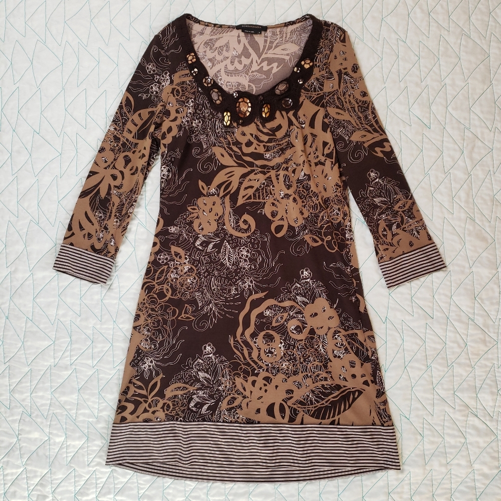 BCBG MaxAzria Brown Floral Crochet Beaded Neckline Dress